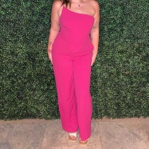 Neon Pink One Shoulder Jumpsuit with pockets
